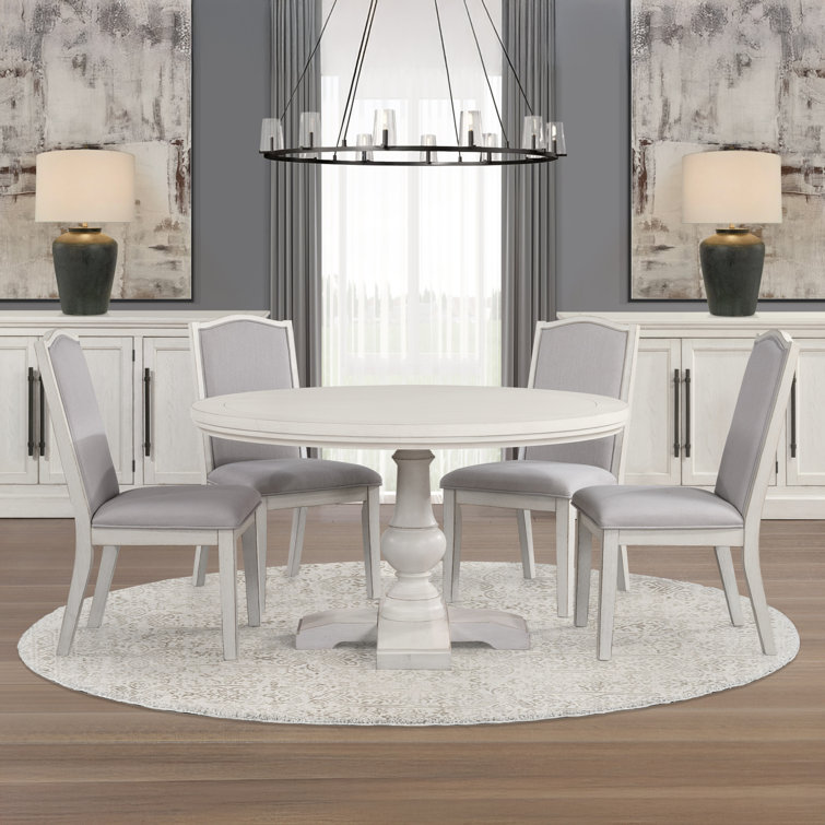 Antique White 54" Round Pedestal Dining Set with Upholstered Chairs