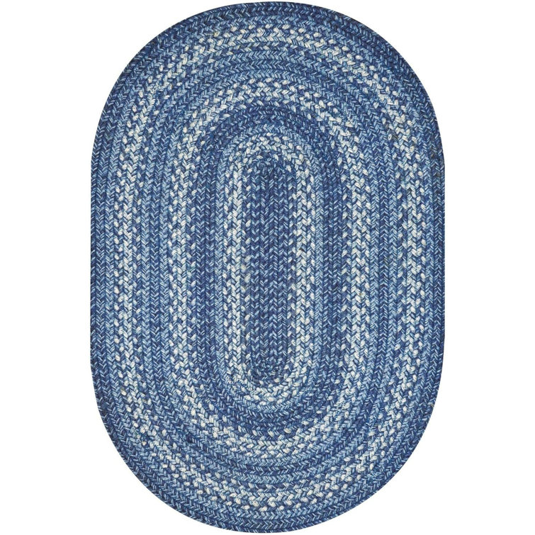Handmade Denim and White Jute 6' x 9' Oval Braided Rug