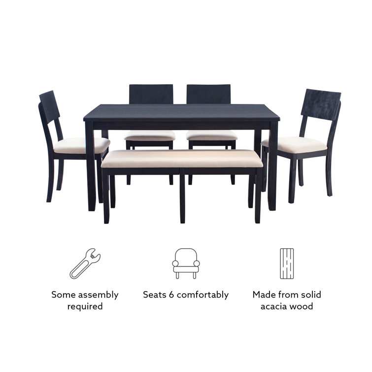 Dark Charcoal Acacia Wood Dining Set with Beige Upholstered Seats