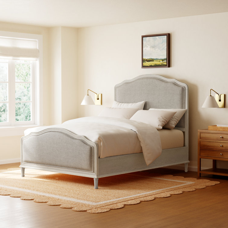 Amity Whitewash Queen Bed with Reeded Oak Frame and Linen Upholstery