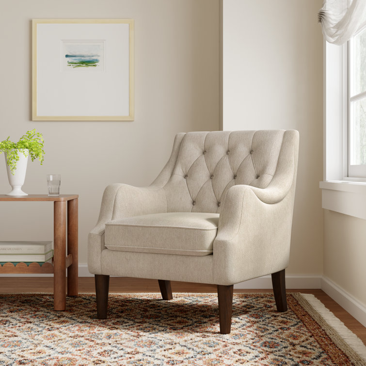 Elegant Beige Handcrafted Wood Accent Chair with Button Tufted Back