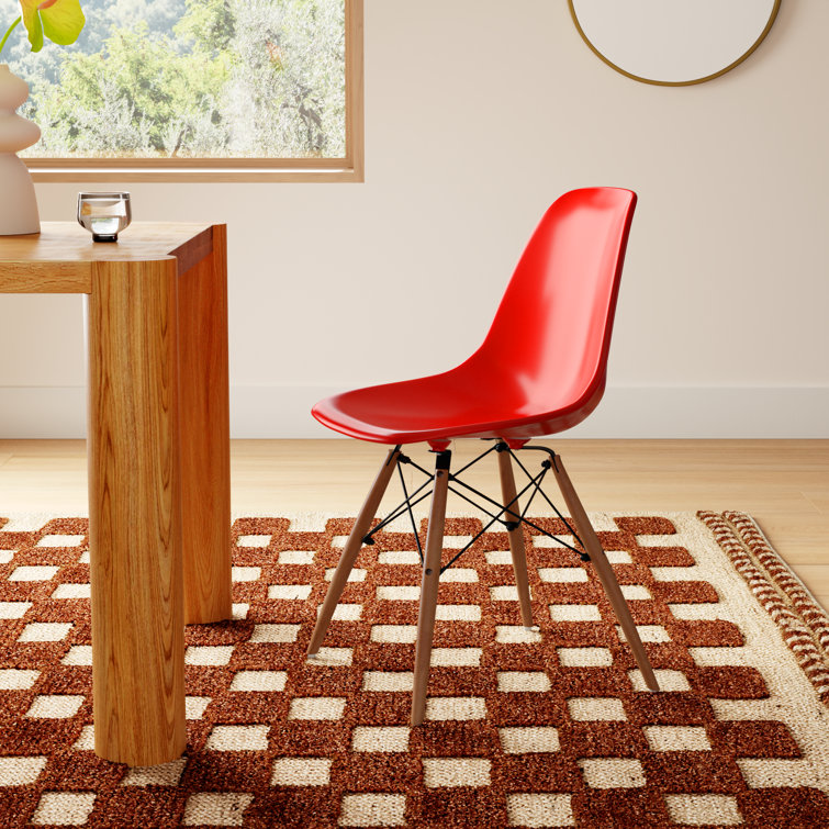 Red Plastic Bucket Seat Side Chair with Walnut Legs, Set of 2