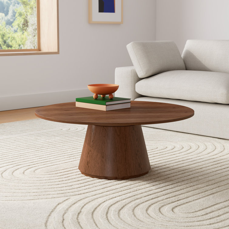 Walnut Round Pedestal Coffee Table with Minimalist Design