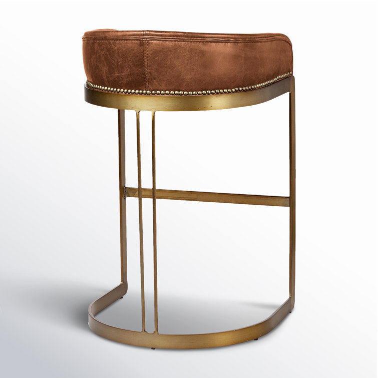 Brown Leather and Gold Metal Saddle Bar Stool