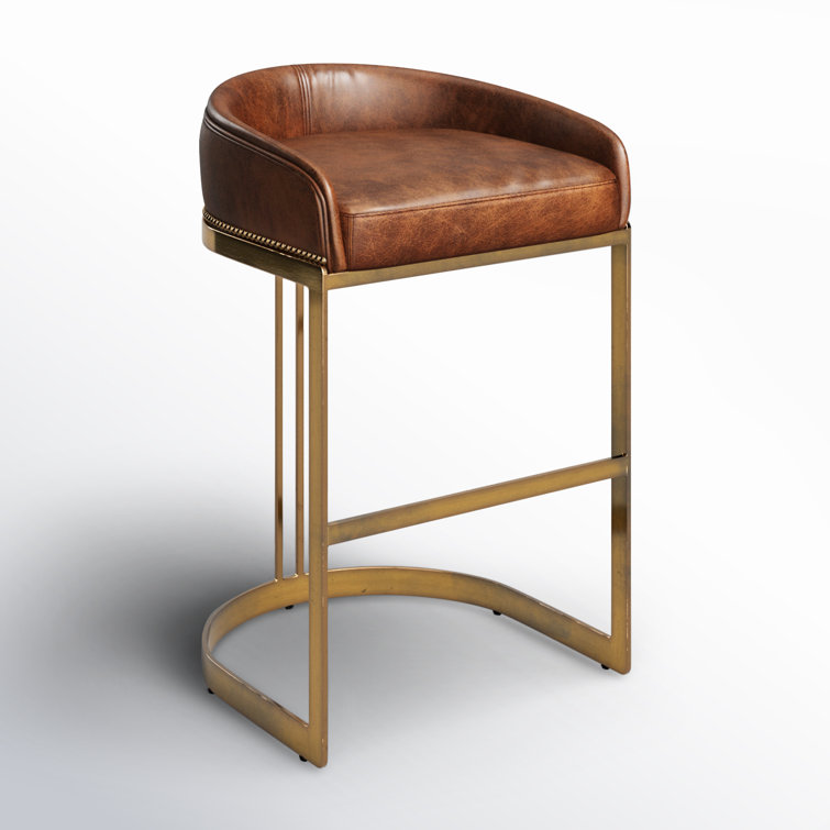 Brown Leather and Gold Metal Saddle Bar Stool