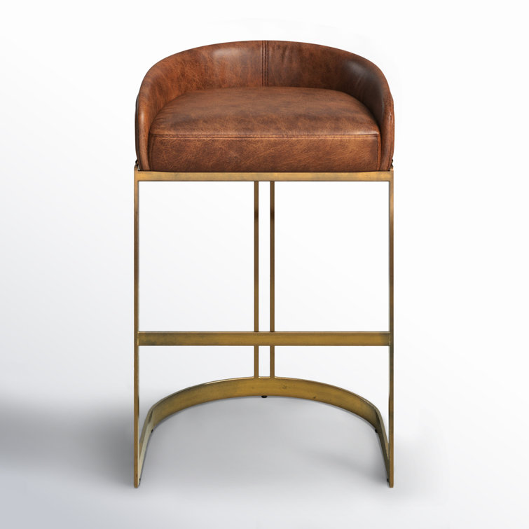 Brown Leather and Gold Metal Saddle Bar Stool