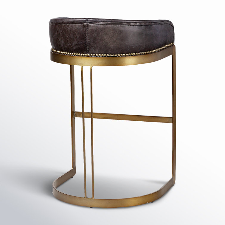 Hollyfield Black Leather and Brass Metal Bar Stool