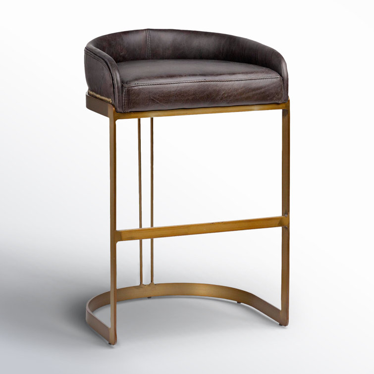Hollyfield Black Leather and Brass Metal Bar Stool