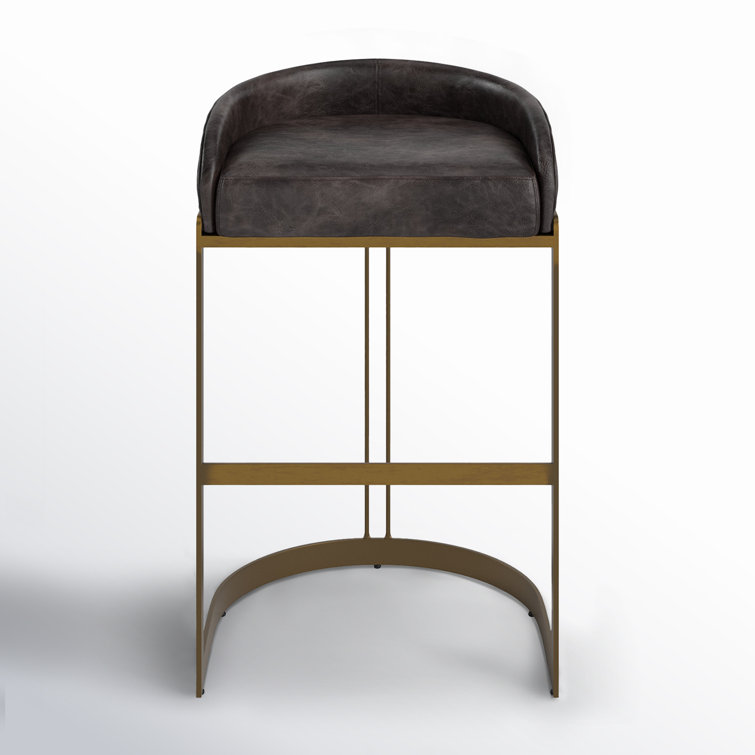 Hollyfield Black Leather and Brass Metal Bar Stool