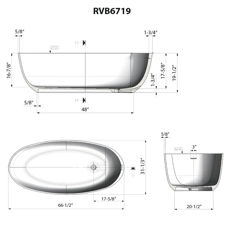 Matte White Oval Freestanding Solid Surface Bath Tub, 66-inch