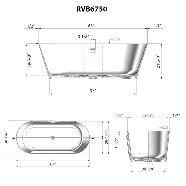 Ruvati 67-Inch Matte White Solid Surface Freestanding Oval Bath Tub