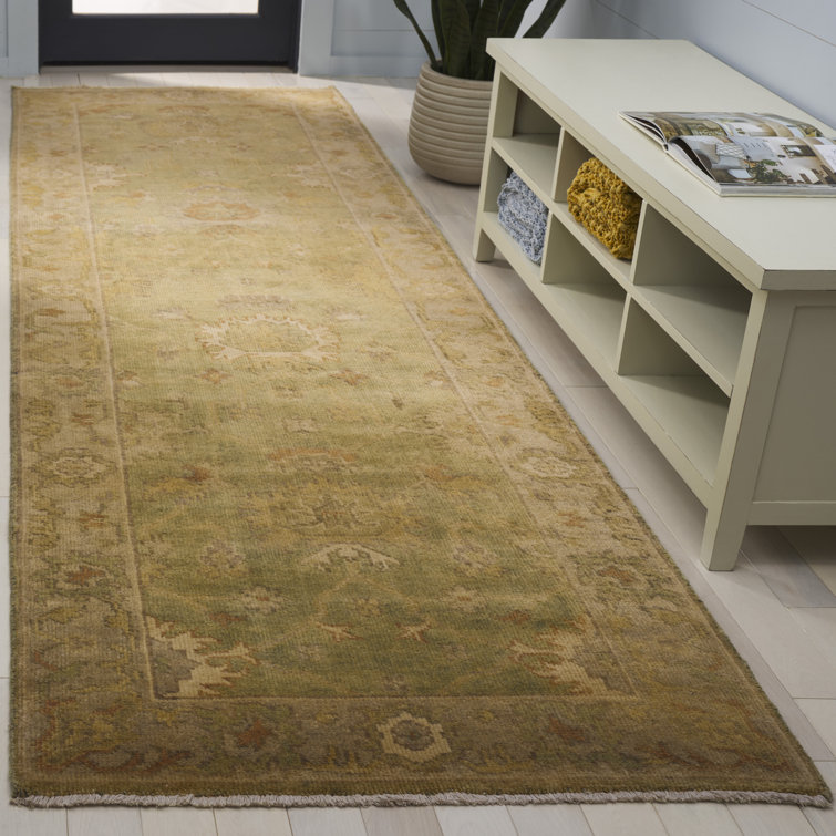 Hand-Knotted Wool Green and Beige 3' x 10' Runner Rug