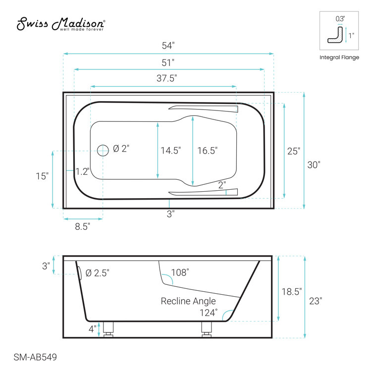 Voltaire 54" White Acrylic Alcove Bathtub with Apron