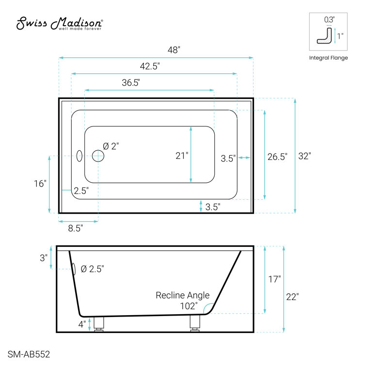 32" White Acrylic Alcove Bathtub with Apron