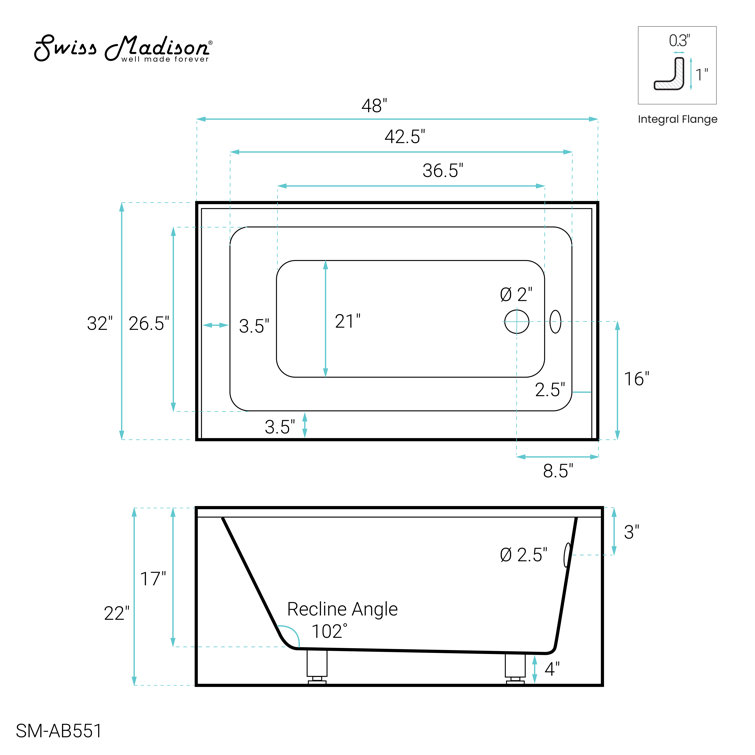 Voltaire 32" White Acrylic Alcove Bathtub with Apron