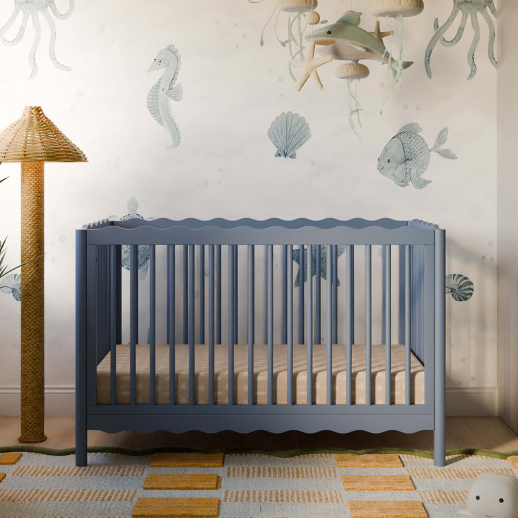 Cove Blue Pine Wood 4-in-1 Convertible Crib with Toddler Bed Kit