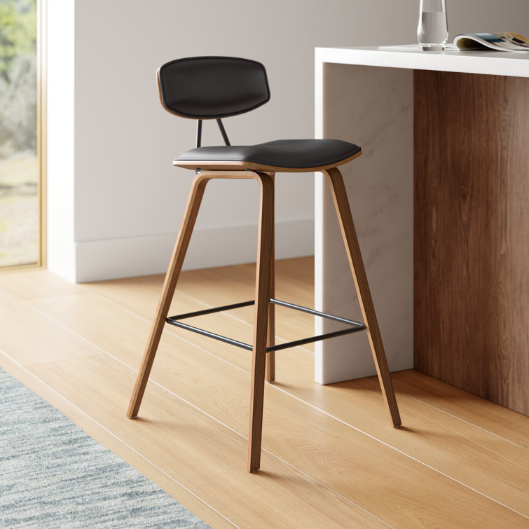 Fox 30'' Brown Faux Leather and Walnut Wood Mid-Century Bar Stool