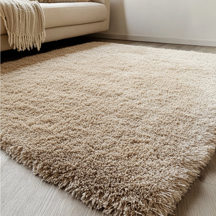 Beige Rectangular Shag Wool Area Rug 5' x 7'