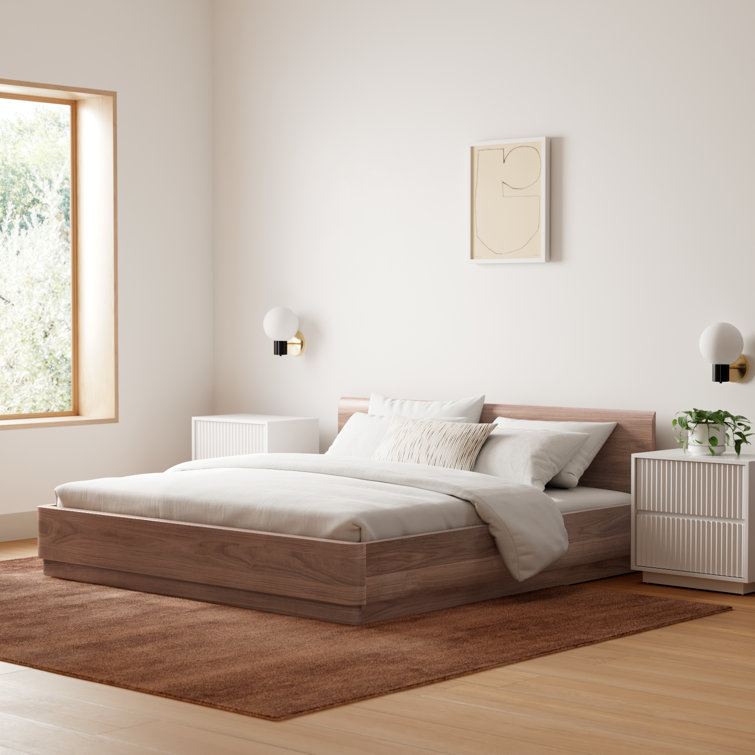 King Walnut Wood Frame Platform Bed with Headboard and Slats