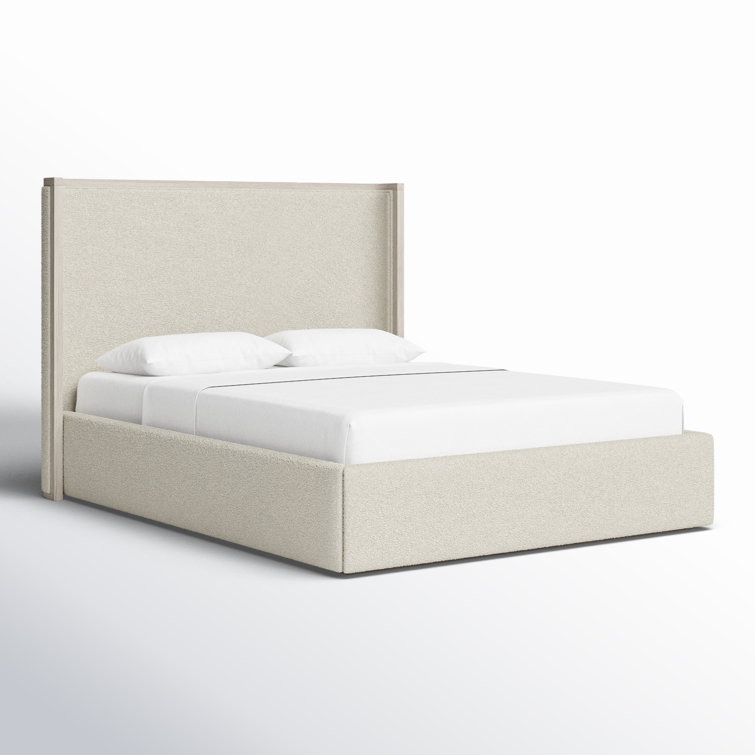 Queen Cream Upholstered Storage Bed with Wood Frame