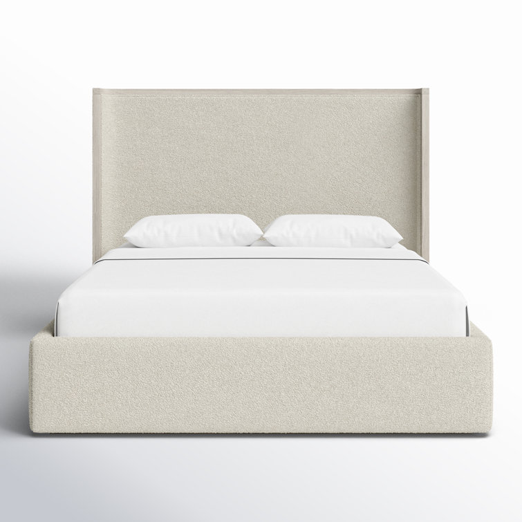 Queen Cream Upholstered Storage Bed with Wood Frame