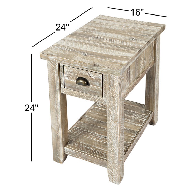 Washed Gray Solid Acacia Wood End Table with Storage
