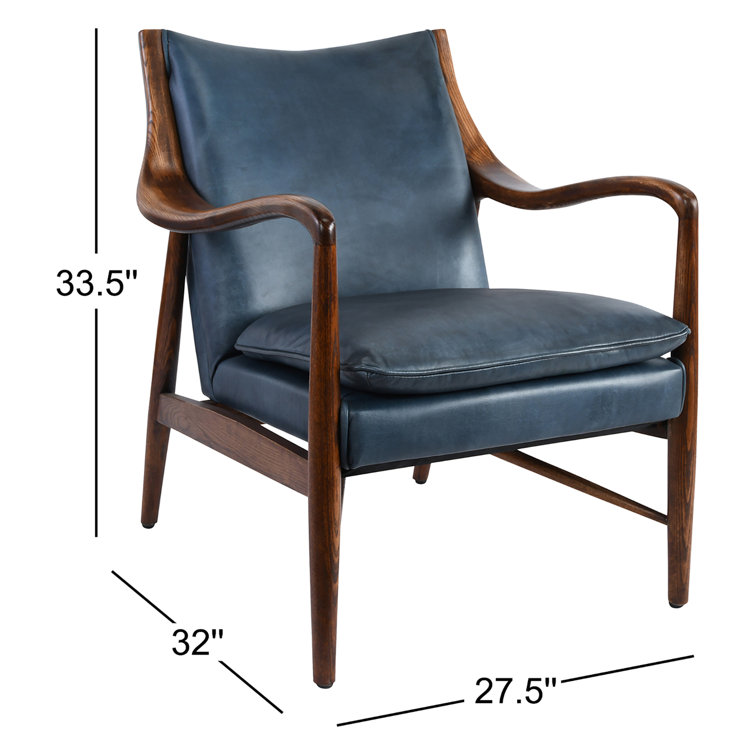 Dark Blue Genuine Leather Accent Chair with Wood Frame