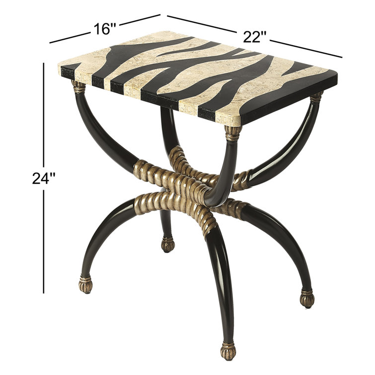 Safari-Inspired Zebra Fossil Stone Side Table with Brass Accents