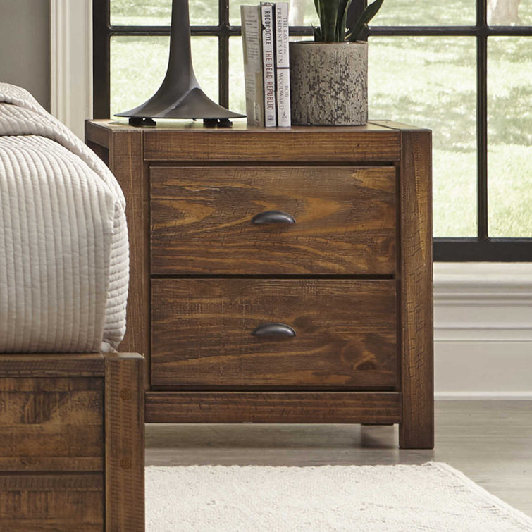 Rustic Walnut Solid Pine 2-Drawer Nightstand