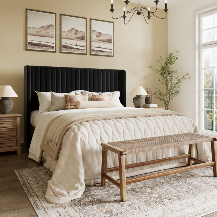 Elegant Velvet Queen Bed with Tufted Wingback Headboard and Metal Frame