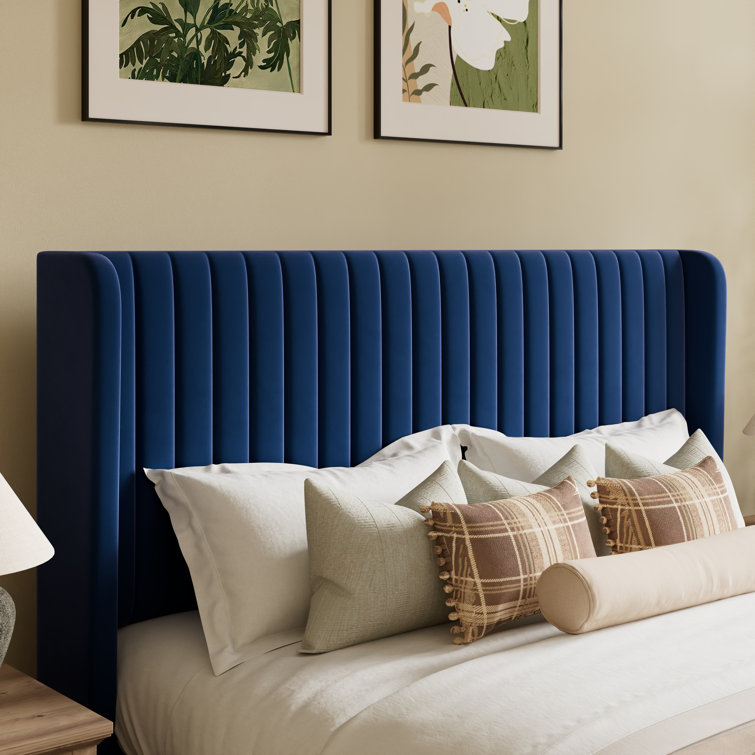 Elegant Navy Blue Velvet Queen Bed with Tufted Wingback Headboard