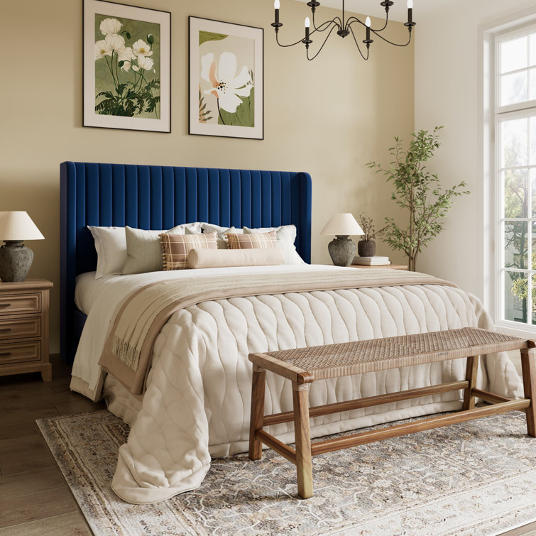 Elegant Navy Blue Velvet Queen Bed with Tufted Wingback Headboard