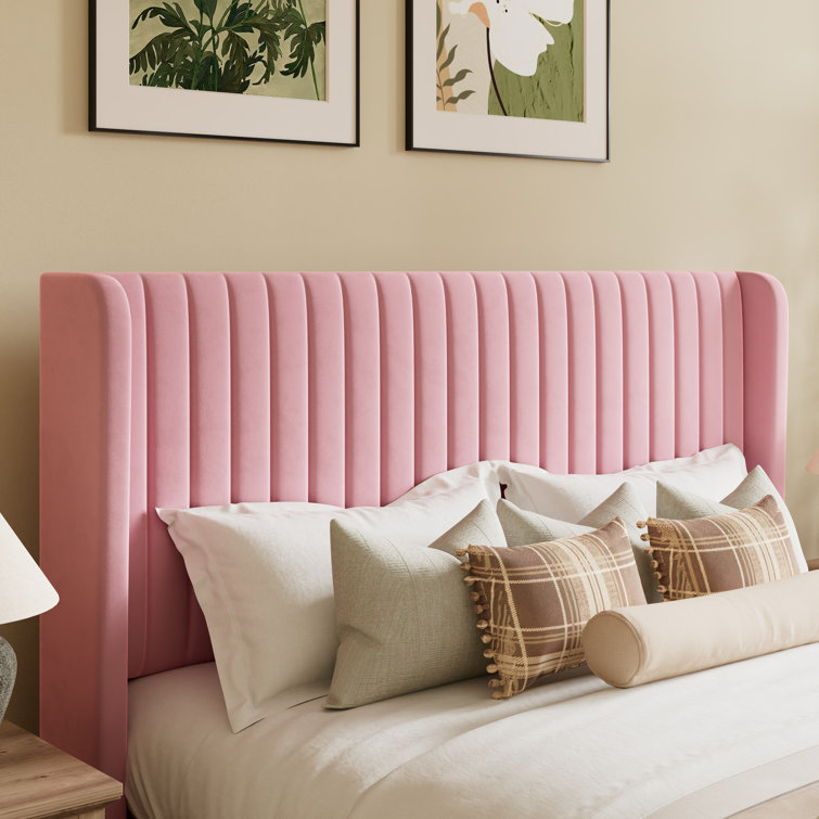 Elegant Pink Velvet Queen Bed with Tufted Wingback Headboard