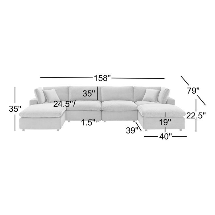 Green Velvet Six-Piece Sectional Sofa with Ottoman
