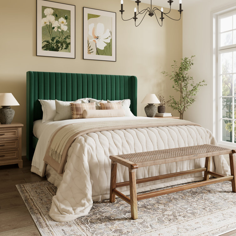 Elegant Teal Velvet Queen Platform Bed with Tufted Wingback Headboard
