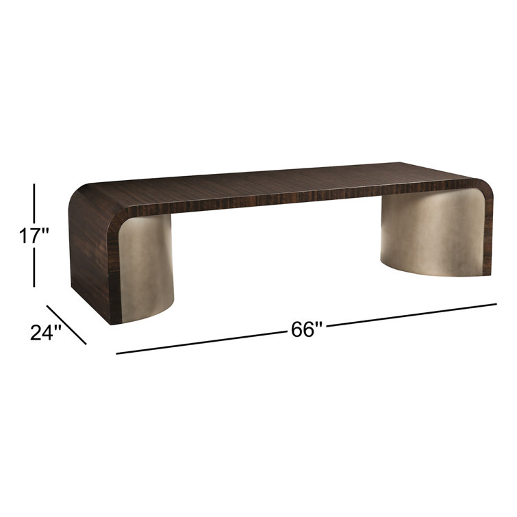 Aged Bourbon Rectangular Wood Cocktail Table with Bronze Pedestals