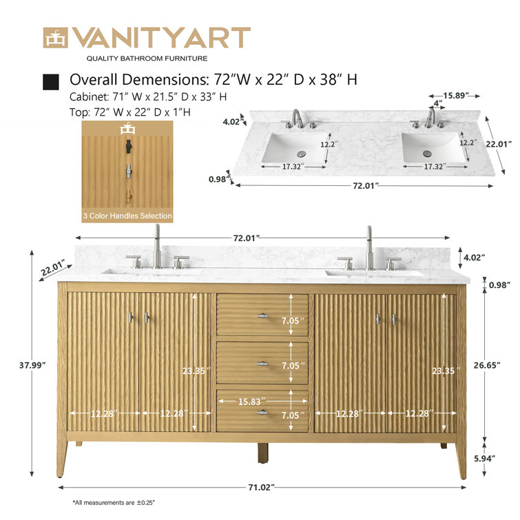 72" Natural Oak Double Sink Vanity with Marble Top