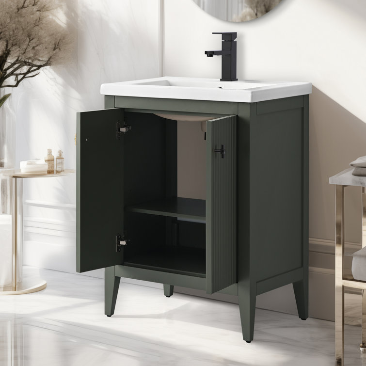 24" Green Poplar Wood Single Sink Bathroom Vanity with Ceramic Top