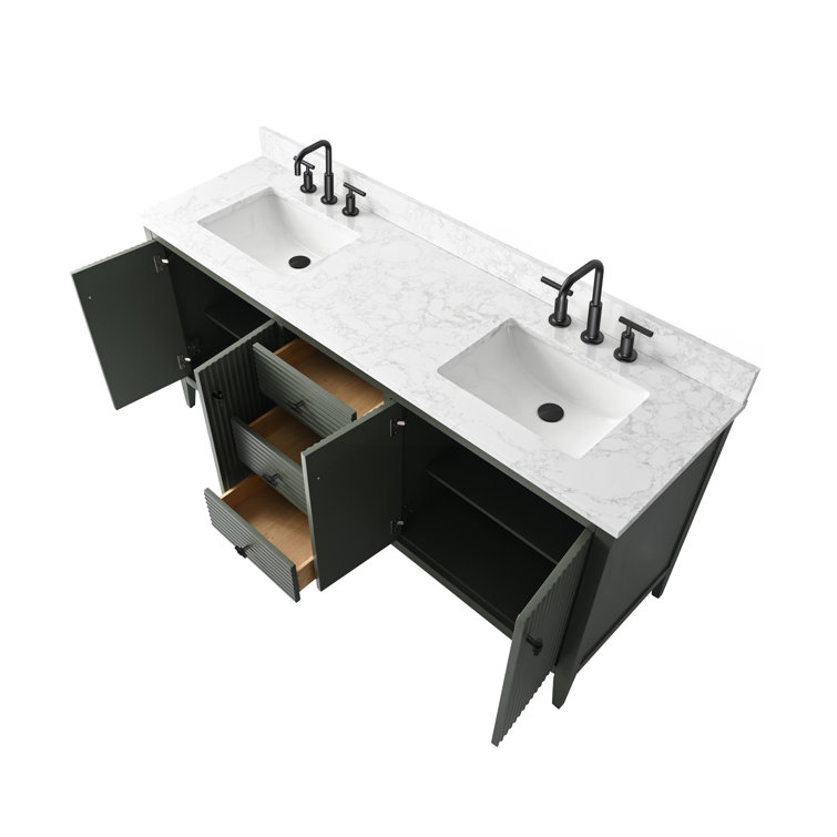 72'' Linear Vintage Green Double Sink Freestanding Bathroom Vanity with Engineered Marble Top