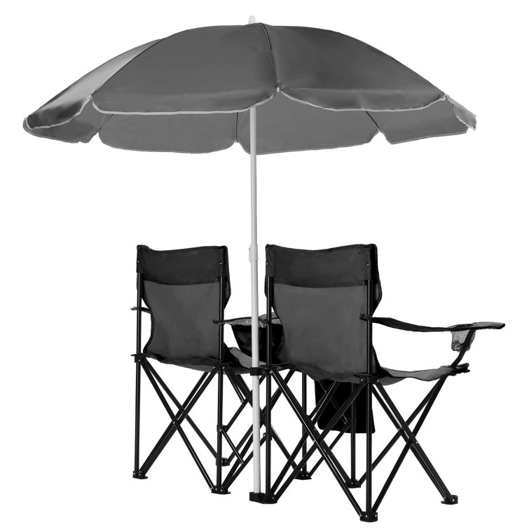Black Portable Two-Person Fishing Chair with Removable Umbrella