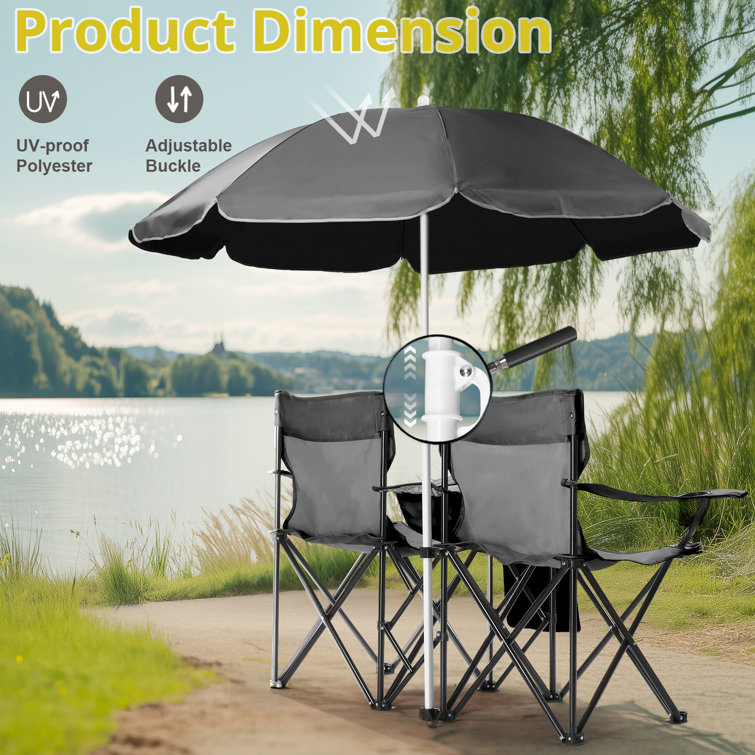 Black Portable Two-Person Fishing Chair with Removable Umbrella