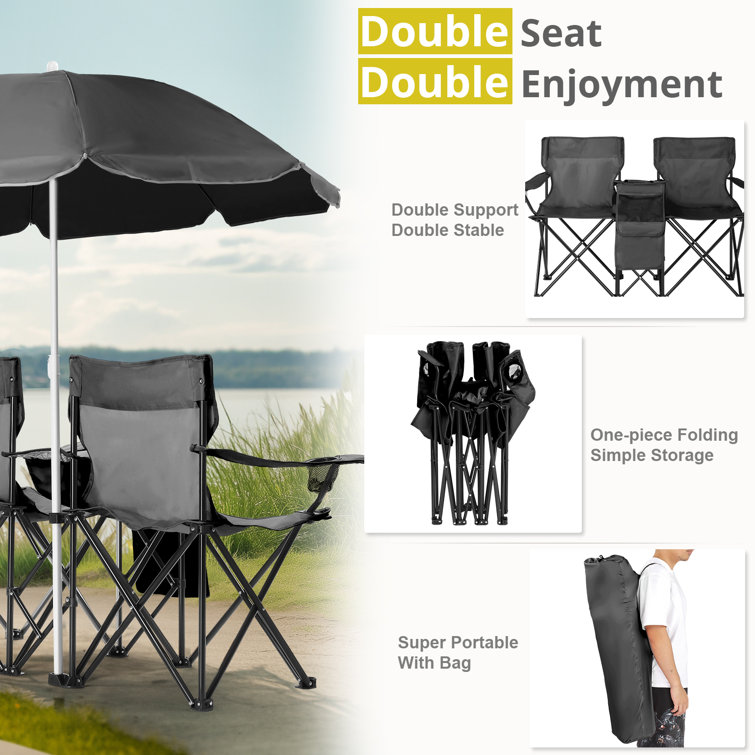 Black Portable Two-Person Fishing Chair with Removable Umbrella