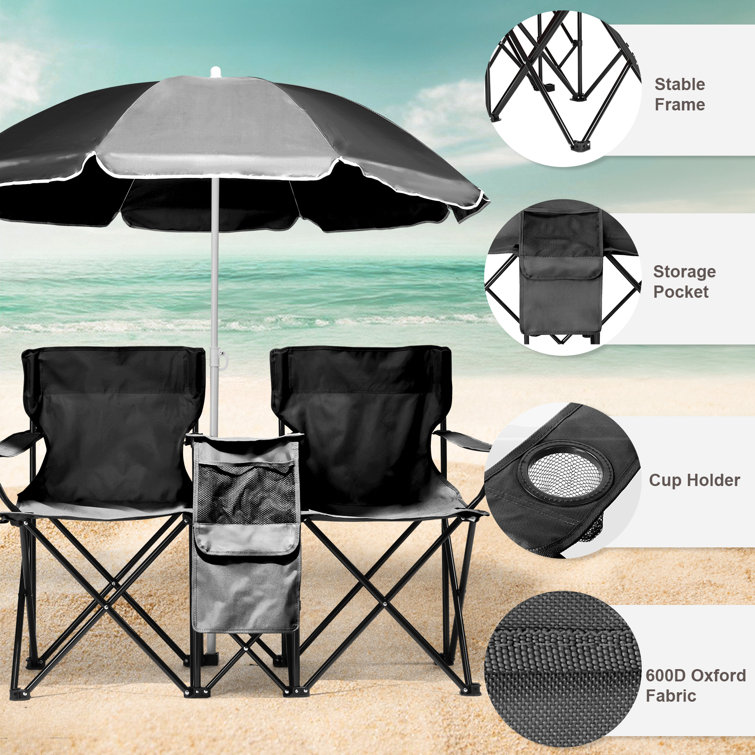 Black Portable Two-Person Fishing Chair with Removable Umbrella