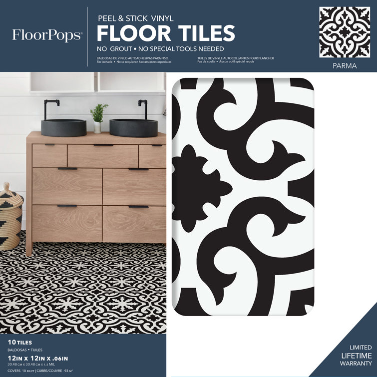 Parma Black and White Vinyl Peel & Stick Floor Tiles