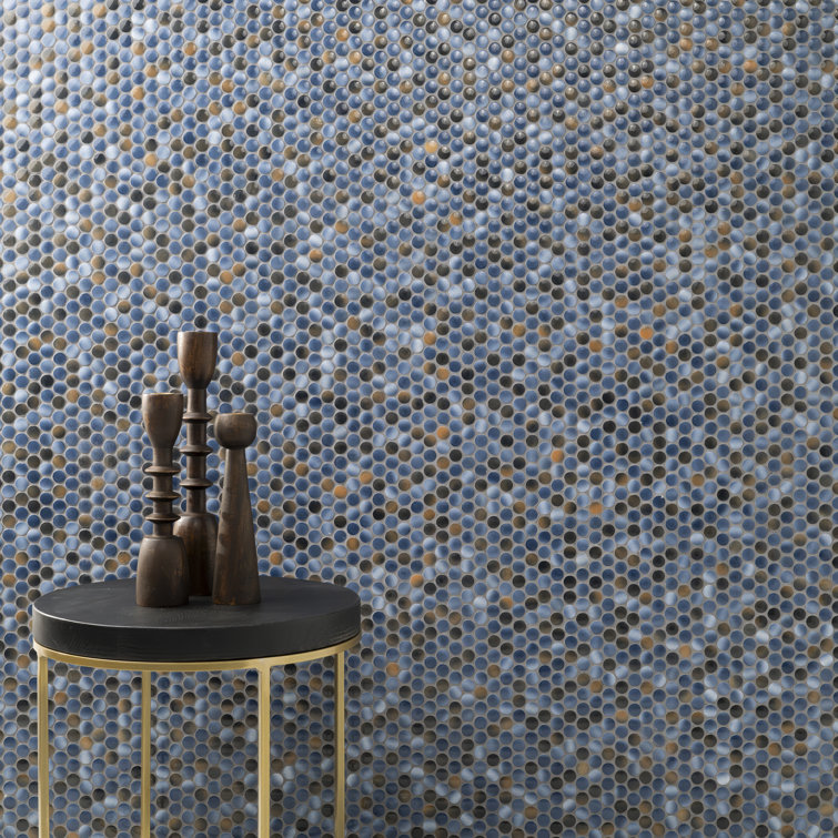 Azul Glossy Penny Round Porcelain Mosaic Tile 12" x 13"