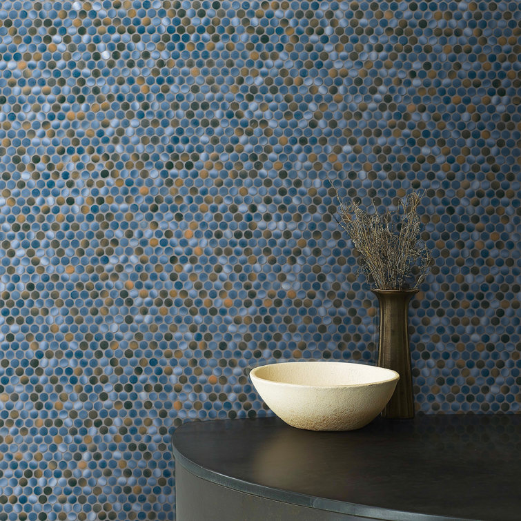Azul Glossy Penny Round Porcelain Mosaic Tile 12" x 13"