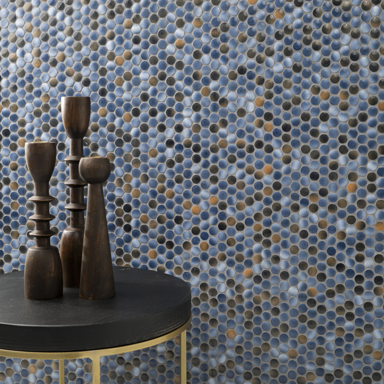 Azul Glossy Penny Round Porcelain Mosaic Tile 12" x 13"