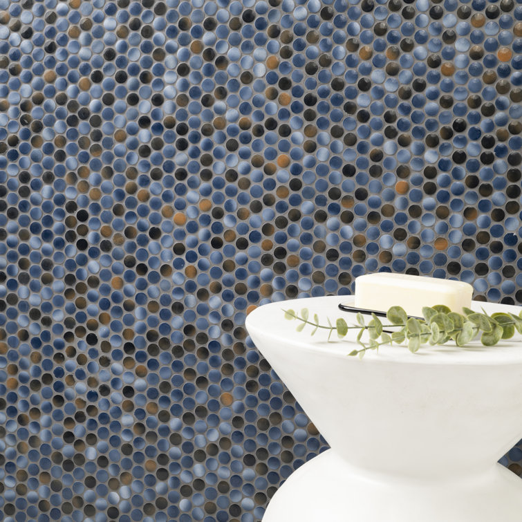 Azul Glossy Penny Round Porcelain Mosaic Tile 12" x 13"
