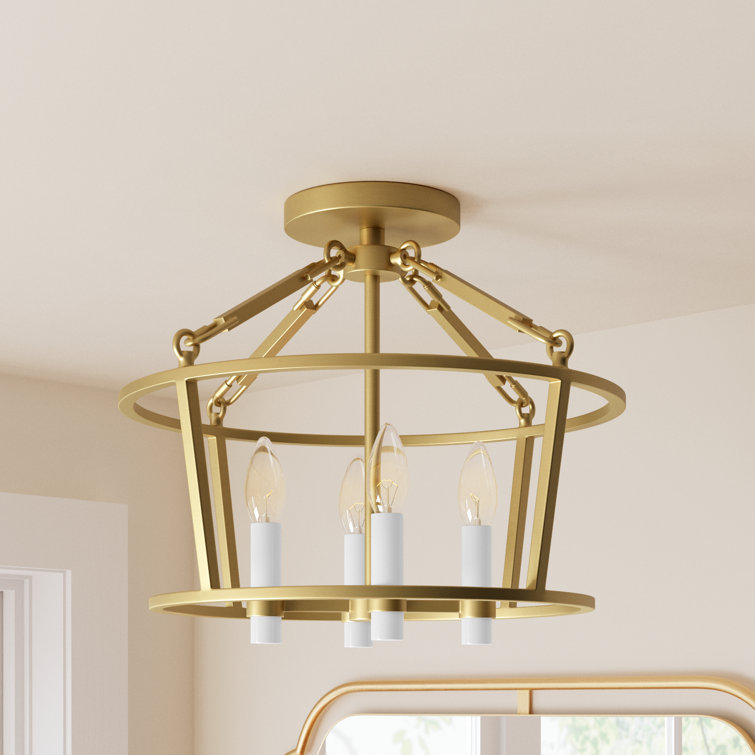 Burnished Brass 4-Light Semi Flush Mount with Clear Silver Wire