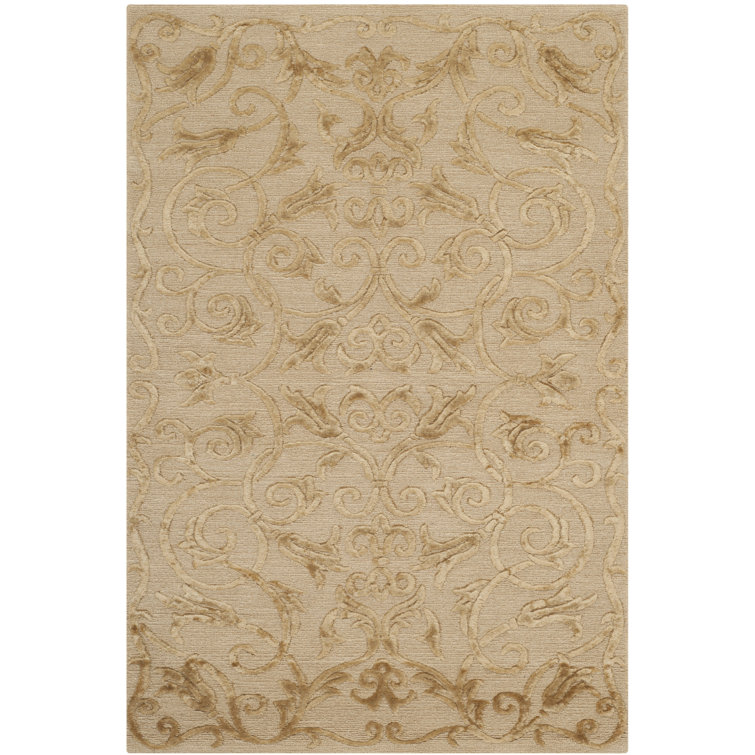 Hand-Knotted Light Gold Wool Silk Geometric 4' x 6' Rug